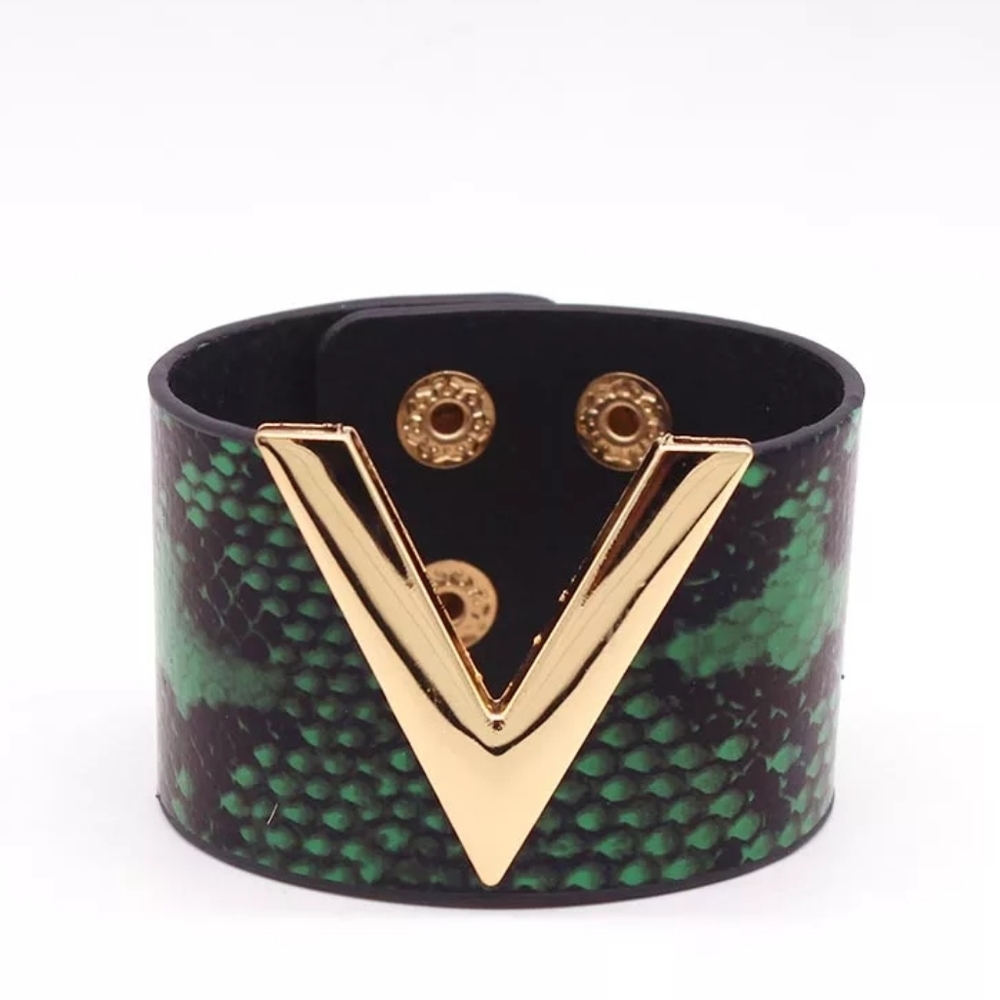 Vegan Leather Wide Cuff Bracelet V Snake Print